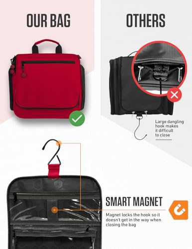 VENTURE 4TH Hanging Travel Toiletry Bag for Women & Men – Large Toiletry Organizer with 18 Compartments, Removable TSA Pouch, Travel Wash Bag for Toiletries, Makeup & Shaving Kit (Red) - color: Red