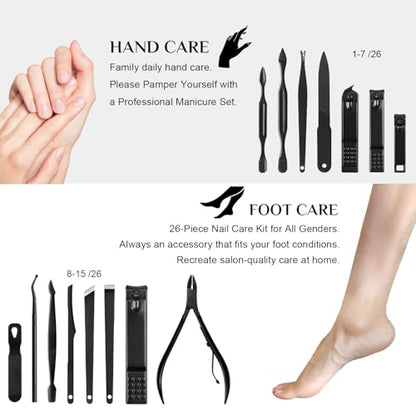 Nail Clippers Set, 26 Piece Manicure Set & Pedicure Kit, Stainless Steel Fingernail & Toenail Clipper Cutters, Professional Nail Care Tools with Luxurious Travel Case for Men and Women, Black - color: Black