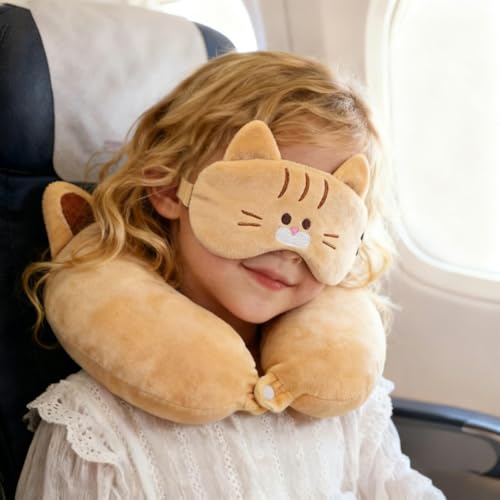 Kids Neck Pillow for Travel with Sleep Eye Mask, Cute Travel Neck Pillow, Memory Foam Flight Sleeping Headrest Pillow for Boys & Girls, Airplane, Train, Car, Home Use - Ginger Cat - color: Ginger Cat