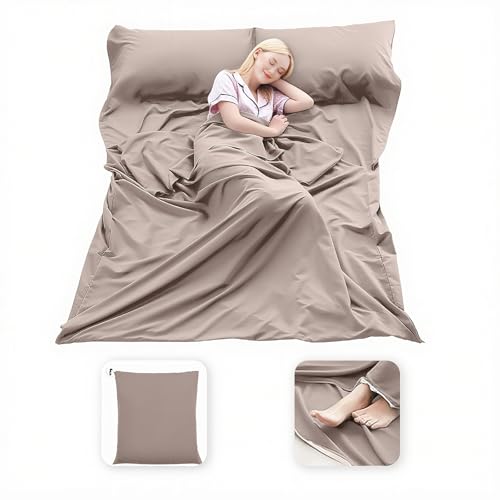 Sleeping Bag Liner, 3 Sizes Compact Travel Sheets for Hotel & Hostel, Adult Sleep Sack for Camping Backpacking, Comfy Breathable & Easy Care, 4 Seasons - color: Light Khaki, size: 82.7" X 63”