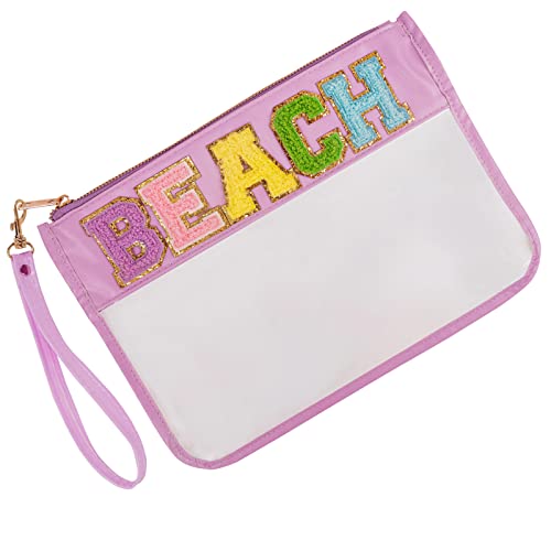Iqimott Monogram Clear Letter Beach Bag Flat Pouch, Chenille Glitter Letter Patch Makeup Cosmetic Bag Zipper Toiletry Pouch, Portable Travel Beach Snack Wristlet Bags for Women Girls(Beach, Purple) - color: Beach-Purple