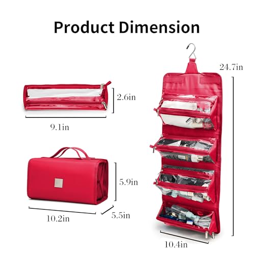 ROYALFAIR Roll Up Makeup Bag, Travel Toiletry Bag for Women with 4 Clear TSA Approved Pouches, Hanging Travel Organizer, Folding Cosmetic Bag for Men and Women - color: Red