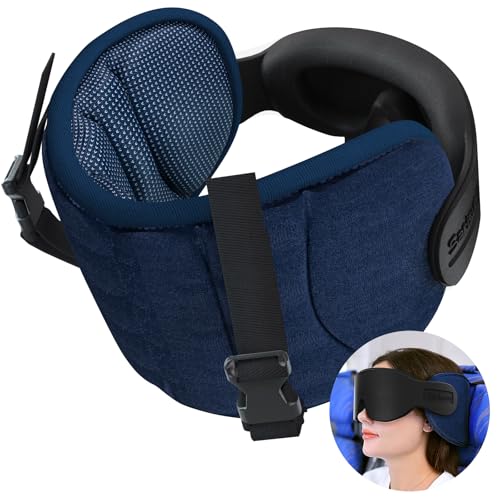 SARISUN Travel Pillows for Airplanes, Airplane Pillow for Long Flight, Airplane Head Strap with Sleep Eye Mask, 360° Support Headrest for Car Trip, Travel Essentials Stop Bobblehead, Mottled Blue - color: Mottled Blue