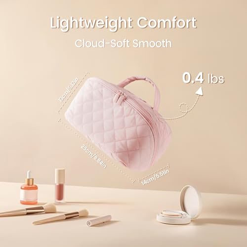 Makeup Bag for Woman, Travel Makeup Bag, Wide Open Lay-Flat Water-Resistant Cosmetic Case, Puffy Padded Organizer for Toiletries & Brushes Large Capacity with Compartments (White) - color: White