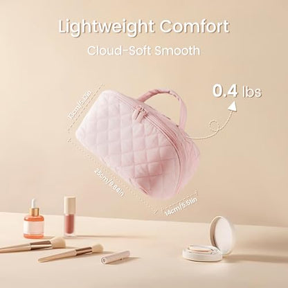 Makeup Bag for Woman, Travel Makeup Bag, Wide Open Lay-Flat Water-Resistant Cosmetic Case, Puffy Padded Organizer for Toiletries & Brushes Large Capacity with Compartments (White) - color: White