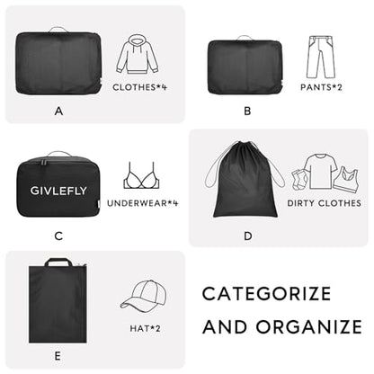 GIVLEFLY Compression Packing Cubes for Travel, 6-Piece Lightweight Luggage Organizer Bags, Space Saving Suitcase Packing Set for Women - color: Black