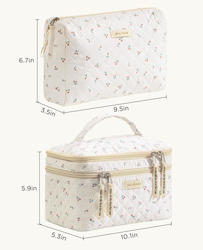 HBselect 2Pcs Travel Makeup Bag, Large Cotton Quilted Makeup Bag Cosmetic Bag Cute Make up Bag Toiletry Bags for Women Girls - color: 2PCS-CHERRY