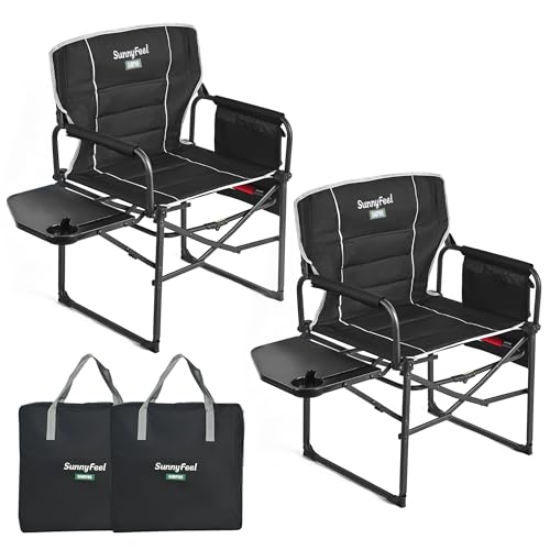 SUNNYFEEL Camping Directors Chair, Heavy Duty,Oversized Portable Folding Chair with Side Table, Pocket for Beach, Fishing,Trip,Picnic,Lawn,Concert Outdoor Foldable Camp Chairs - color: Padded Black-2set