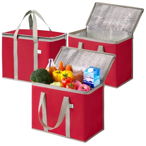 VENO 3 Pack Cooler Bag and Insulated Grocery Bags for Food Delivery, Collapsible Cooler, Reusable Shopping Bags for Groceries with Zipper, Foldable, Heavy-Duty, Stands Upright (Red, 3 Pack) - color: Red, size: 3 Pack