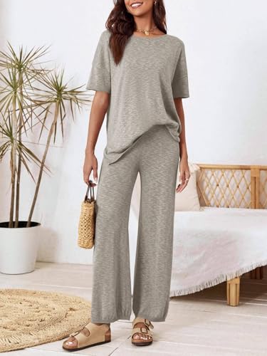 Tankaneo Women's 2 Piece Travel Outfits Casual Short Sleeve Knit Sweater Set Wide Leg Pants Lounge Sets Tracksuit - color: Khaki, size: Small