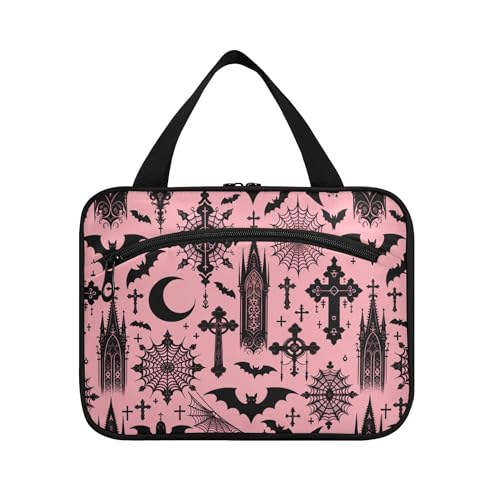 MNSRUU Hanging Toiletry Bags for Women Travel, Black Gothic Moon Spider Webs and Bats Toiletry Organizer Portable Travel Clear Wash Makeup Cosmetic Bag - color: Bats I8897