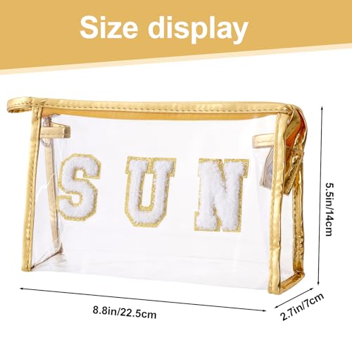 Clear Preppy Patch Cosmetic Bag, Sun Chenille Letter Bag for Beach, Clear Travel Pouch with Zipper, Small Toiletry Bag for Women Girls Teens Gift (Gold) - color: Gold