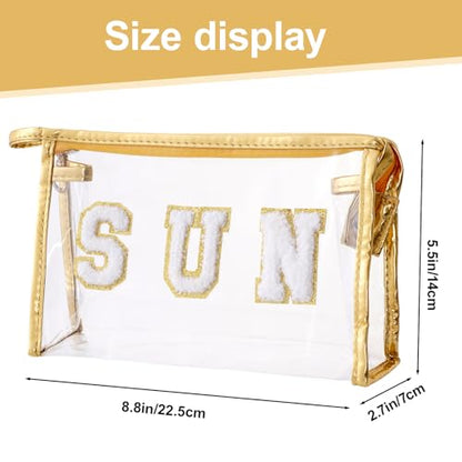 Clear Preppy Patch Cosmetic Bag, Sun Chenille Letter Bag for Beach, Clear Travel Pouch with Zipper, Small Toiletry Bag for Women Girls Teens Gift (Gold) - color: Gold