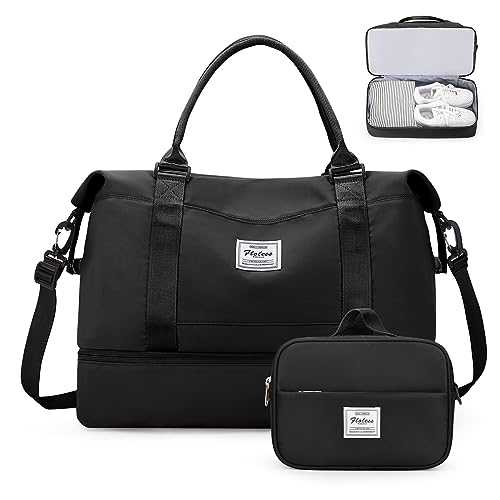 Weekender Bags for Women,Personal Item Travel Bag with Shoes Compartment,Overnight Travel Duffel Bag with Toiletry Bag - color: Black, size: Large