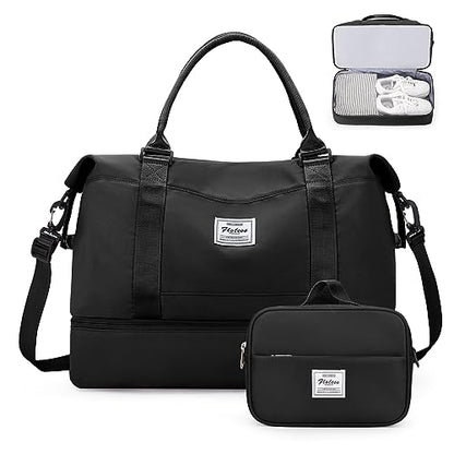 Weekender Bags for Women,Overnight Travel Duffel Bag with Shoes Compartment& Toiletry Bag,Extra Large(Black) - color: Black, size: Extra Large