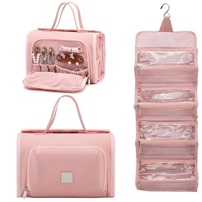 ROYALFAIR Roll Up Makeup Bag, Waterproof Toiletry Bag for Women, Hanging Travel Organizer bags with Jewelry Organizer Compartment, Extra Large 4 Clear TSA Approved Pouches Cosmetic Makeup (light red) - color: light red