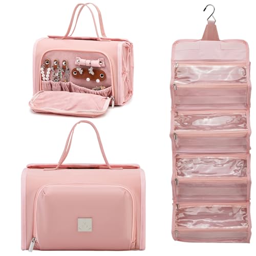 ROYALFAIR Roll Up Makeup Bag, Waterproof Toiletry Bag for Women, Hanging Travel Organizer bags with Jewelry Organizer Compartment, Extra Large 4 Clear TSA Approved Pouches Cosmetic Makeup (light red) - color: light red