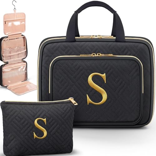 Gifts for Women, Initial Toiletry Makeup Bag Hanging Cosmetic Organizer with Embroidery Letter Personalized Nurse Teacher Appreciation Birthday Mothers Day Gifts for Mom Sister Wife Friends Auntie Her - style: S