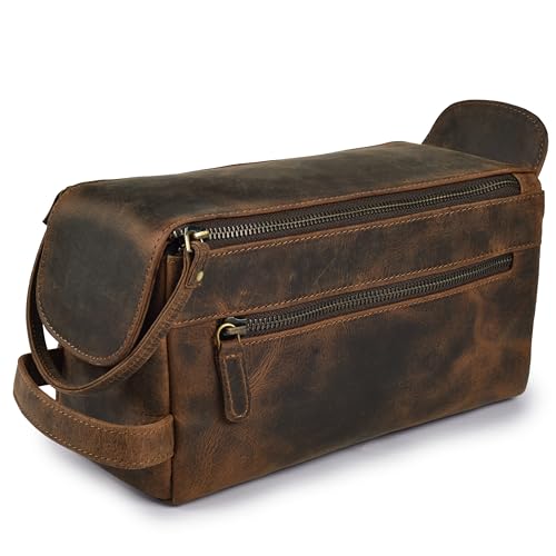 LEATHER VILLAGE Genuine Leather Travel Toiletry Bag - Water-Resistant Dopp Kit for Toiletries, Large Shaving Bag & Bathroom Organizer - Gift for Men & Women - Rustic Brown - color: Rustic Brown