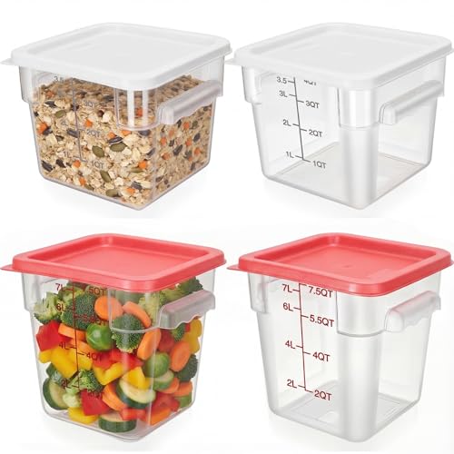 Lallisa 4 Pcs 8qt & 4qt Clear Food Storage Containers with Lids Handles and Scales, Stackable Plastic Square Food Storage Containers for Dough Proofing Baking Kitchen Restaurant(White, Red) - color: White, Red