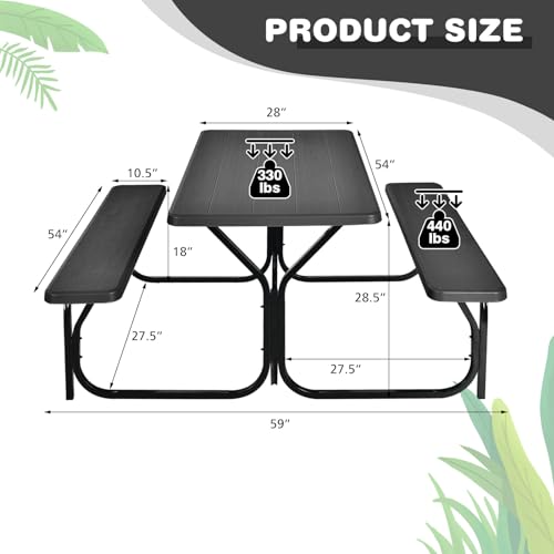 COSTWAY Outdoor Picnic Table, HDPE Plastic Picnic Table Bench Set with Weather Resistant Tabletop & Wood Texture, Ideal for Patio, Backyard (59" D x 54" W x 28.5" H,Black) - color: Black