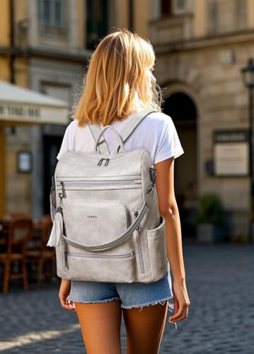 Shrrie Vegan Leather Laptop Backpack for Women 15.6 inch Work Backpack Fashion Travel Backpack Purse for Business College - color: 1 Two-toned Gray