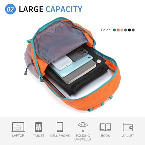 Hiking Daypack Packable, Camping Backpack Water Resistant Lightweight Polyester for Men Women Travel Outdoor - color: Orange