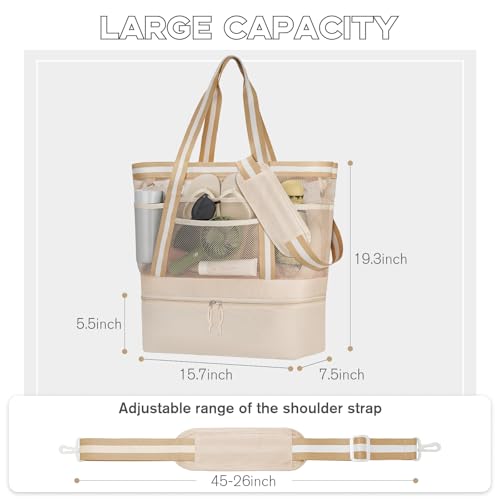 WOOMADA Beach Tote Bag With Cooler, Large Mesh Beach Bags for Women with Wet Pocket, Pool, Swim, Travel Essentials - color: Beige