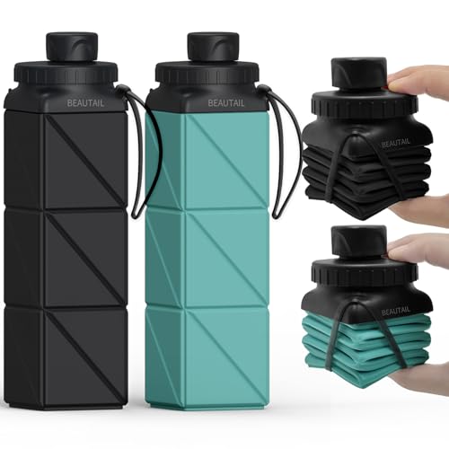 BEAUTAIL Collapsible Water Bottles 20.6oz, Silicone Foldable Portable Travel Water Bottle, Lightweight Reusable Leakproof for Traveling Camping Hiking Cycling Yoga Sports Outdoor - color: Type3 Black+Blue