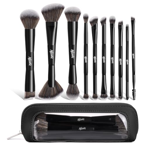 10 PCS Travel Makeup Brush Set With Bag, Makeup Brushes, Double-End Multi-functional Brushes for Foundation Powder Blush Eyeliner Eyeshadows, Professional Face Brush Set（Black） - color: 10Pcs-Black