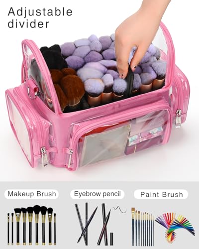 NAONAYA Pink Makeup Brush Bag, Large Makeup Brush Holder Professional Makeup Artist Travel Case Clear Waterproof Cosmetic Organizer Bag, Full Open Easy to Access, with Adjustable Strap and Dividers - color: pink, size: S