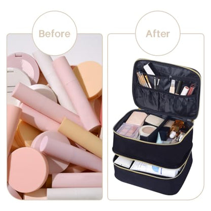Double Layer Makeup Bag Portable Large Cosmetic Case Organizer with Adjustable Dividers Storage Travel Bag for Accessories Brushes Conditioner and Skin Care Products (Black)