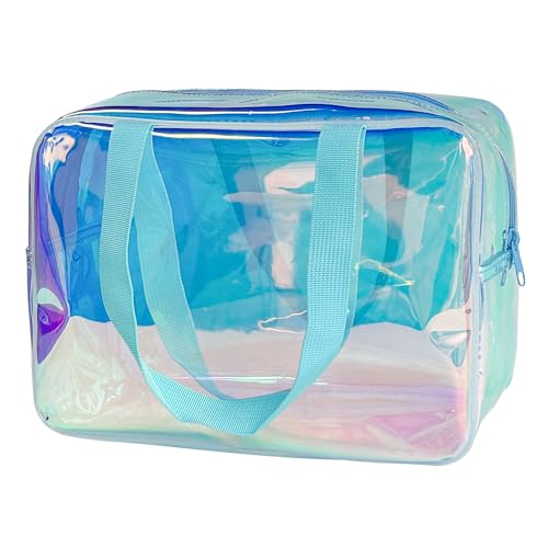 Holographic TPU Makeup Bag - Blue Rainbow Cosmetic Pouch, 11.81x4.3x8.26inches Waterproof Large Clear Travel Bag for Travel & Organizer (A230023-298-5) - color: Holographic Blue1