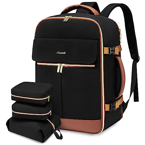 LOVEVOOK Carry On Backpack, 50L Travel Backpack Women with 3 Packing Cubes, TSA Airline Approved Suitcase Bag as Personal Item, Waterproof 18 inch Laptop Backpack for Weekender Overnight,Black-Brown - color: Black-brown, size: 50L-18 Inch-4Pcs