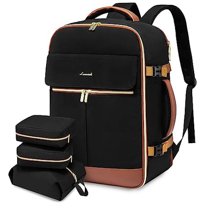 LOVEVOOK Carry On Backpack, 50L Travel Backpack Women with 3 Packing Cubes, TSA Airline Approved Suitcase Bag as Personal Item, Waterproof 18 inch Laptop Backpack for Weekender Overnight,Black-Brown - color: Black-brown, size: 50L-18 Inch-4Pcs