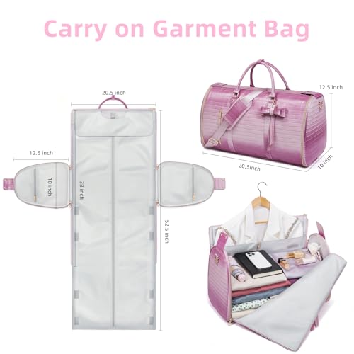 Garment Bags for Travel, 2-in-1 Convertible Travel Garment Duffle Bag for Women, Foldable Carry On Garment Bag with Shoe Compartment & Toiletry Pocket, PU Leather Weekender Bag, Pink-White - color: Pink-White