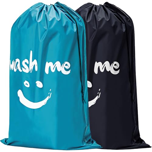 HOMEST 2 Pack XL Laundry Bags 28" x 40", Extra Large Dirty Clothes Organizer Holds 3-4 Loads, Machine Washable Drawstring Laundry Bag for Dorm, Camp, Laundromat, Family, Black and Sky Blue - color: (Ⅰ-Wash me)Black & Sky Blue