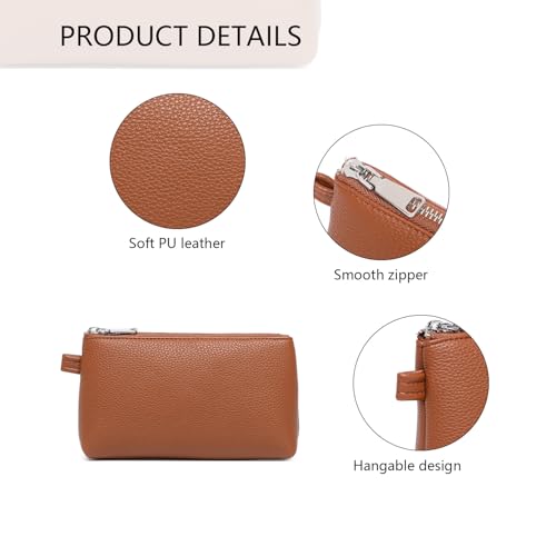 30 Color PU Faux Leather Travel Toiletry Bag for Women, Mini Cosmetic Pouch Organizer with 2 Dividers, Easy Clean Makeup Bag for Purse, Gift Idea (PU Faux Leather/Saddle Brown) - color: PU/Saddle Brown