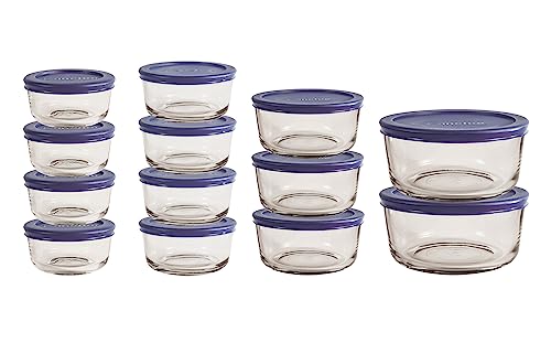Anchor Hocking 26 Piece Glass Storage Containers with Lids (13 Glass Food Storage Containers & 13 Navy Blue SnugFit Lids) - color: Navy Blue, size: 26 Piece Set