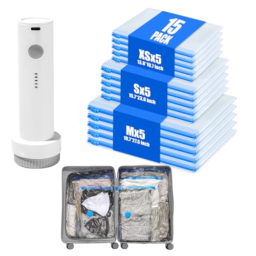 Vacuum Storage Bags for Travel: 15 Pack Compression Packing for Clothes with Rechargeable Air Pump Carry-on Size Vacuum Seal Bags Luggage＆ Suitcase Space Saver Organizer for Clothing - size: 15 Combo Travel Size