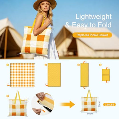 2 in 1 Tote Picnic Blanket Waterproof Outdoor Camping Mat,Large Capacity Beach Blanket 80''x80'' 7 Layers Easy to Foldable and Carry. - color: Yellowcheck