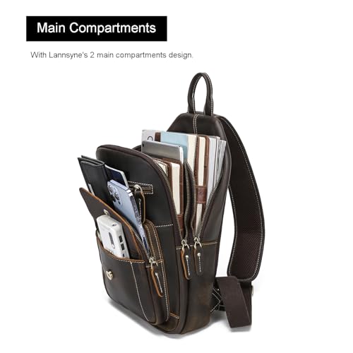 LANNSYNE Full Grain Leather Casual Sling Bag For Men Hiking/Travel/Business Crossbody Chest Bag Fits 12.9" iPad - color: Brown for 12.9 Ipad