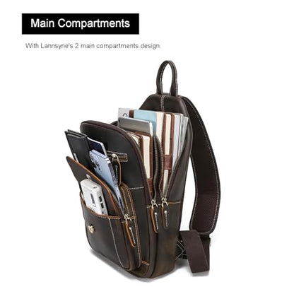 LANNSYNE Full Grain Leather Casual Sling Bag For Men Hiking/Travel/Business Crossbody Chest Bag Fits 12.9" iPad - color: Brown for 12.9 Ipad