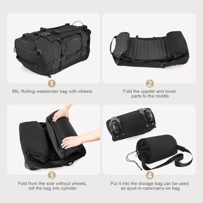 86L Collapsible Wheeled Luggage With Removable Backpack Straps,Waterproof Rolling Duffle Bag with Quilted Base (Black)