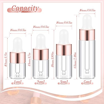 Didaey 20 Pcs Mini Glass Oil Dropper Bottle Bulk, Clear Essential Small Empty Bottles Sample Containers Perfume Liquid Vials with Cap for Traveling (1ml,2ml,3ml,5ml,Rose Gold) - color: Rose Gold, size: 1ml, 2ml, 3ml, 5ml