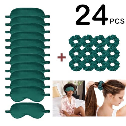 24Pcs Satin Eye Mask Silk Sleep Masks Silky Eyes Cover Blackout Blindfold Eyeshade Scrunchies Hair Ties Travel Wedding Gift - color: Peacock Green