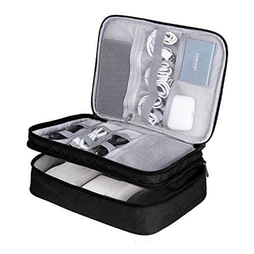 LENTION Cable Electronics Organizer Bag Pouch, Travel Cord Organizer Carry Case Waterproof Double Layers All-in-One Storage Bag Carrying for Cable, AirPods, Charger, Power Bank, Earphone Black - color: dark black