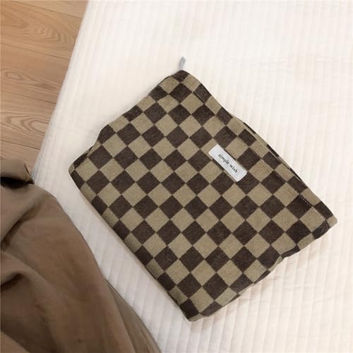 Wudygirl Travel Cosmetic Bag Checkered Makeup Bag Canvas Makeup Pouch for Women Toiletry Pouch Large Capacity Make up Organizer with Zipper Aesthetic (Brownish Checkered) - color: Brownish Checkered