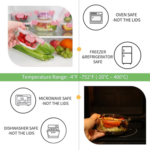 HOMBERKING Glass Food Storage Containers with Lids, [18 Piece] Glass Meal Prep Containers, Airtight Lunch Bento Boxes, BPA-Free & Leak Proof (9 lids & 9 Containers) - Pink - color: Pink