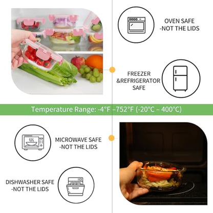 HOMBERKING Glass Food Storage Containers with Lids, [18 Piece] Glass Meal Prep Containers, Airtight Lunch Bento Boxes, BPA-Free & Leak Proof (9 lids & 9 Containers) - Pink - color: Pink